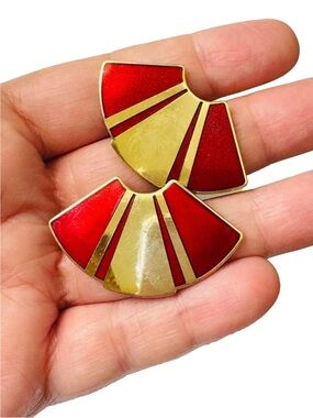 Vintage Laurel Burch Earrings Red Enamel Gold Tone 1.75" Wide Pierced Earrings